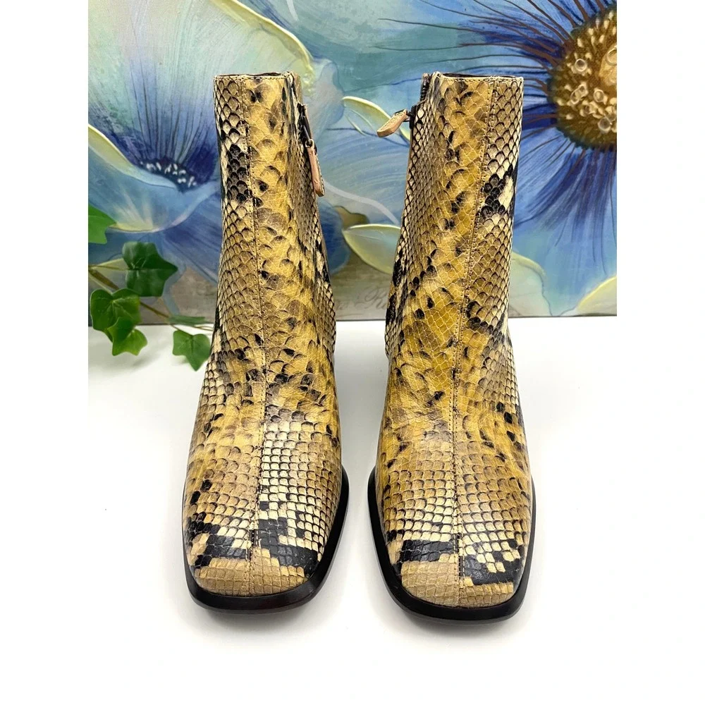 New Tory Burch Snakeskin Embossed‎ Leather Square Toe Ankle Boots 9.5 Yellow